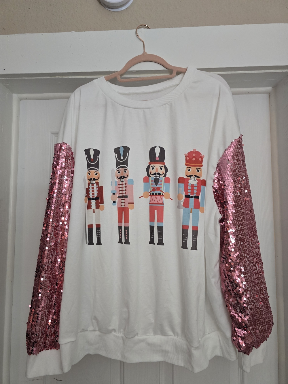 SHEIN White Sweatshirt with Pink Sequin Sleeves and Nutcracker Graphic - 3X